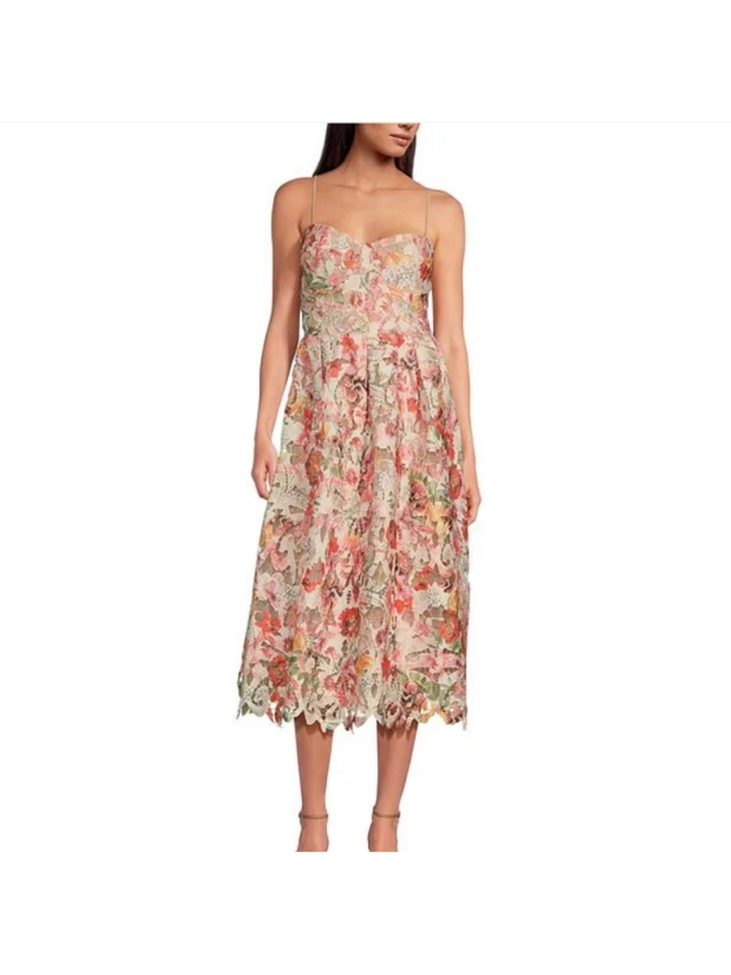 Floral Lace Midi Dress With Spaghetti Straps - Pink Multi